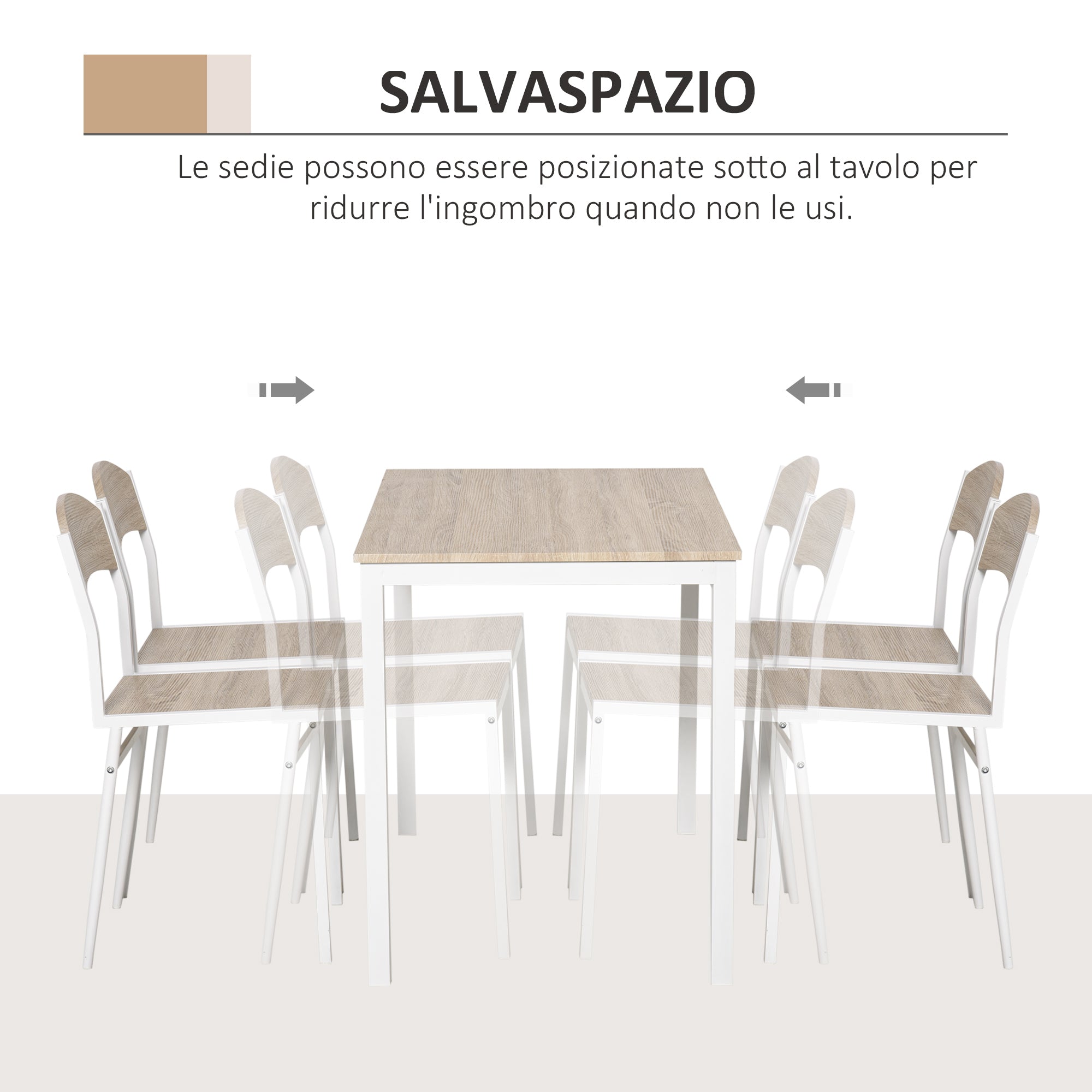 Set da Pranzo Tavolo e 4 Sedie in Metallo e MDF Bianco e Legno