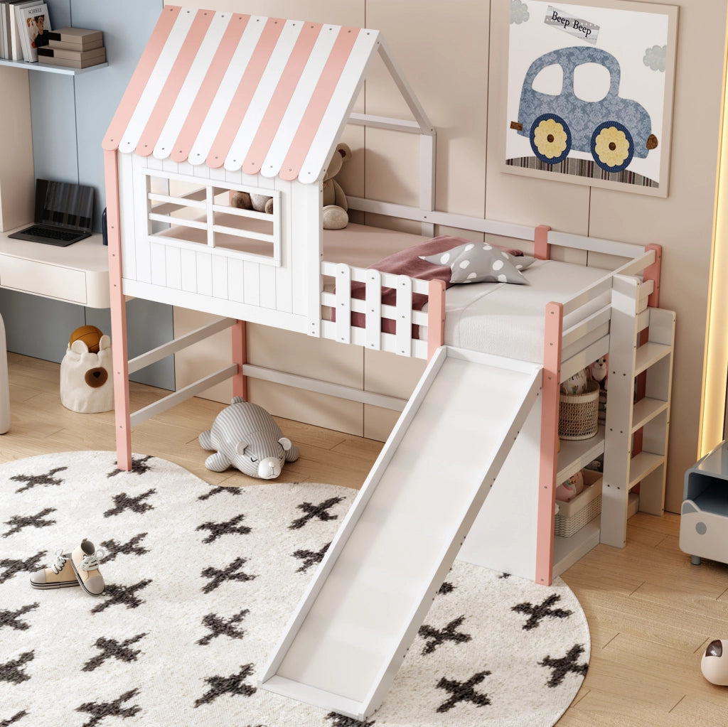 Letto a soppalco per bambini 90x200 cm con scivolo, scala e vani contenitivi rosa
