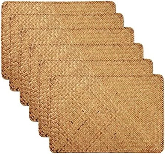 Tavoli di pranzo in rotan tessuto, isolamento antislip naturale e termico, set rettangolare da 6 pezzi