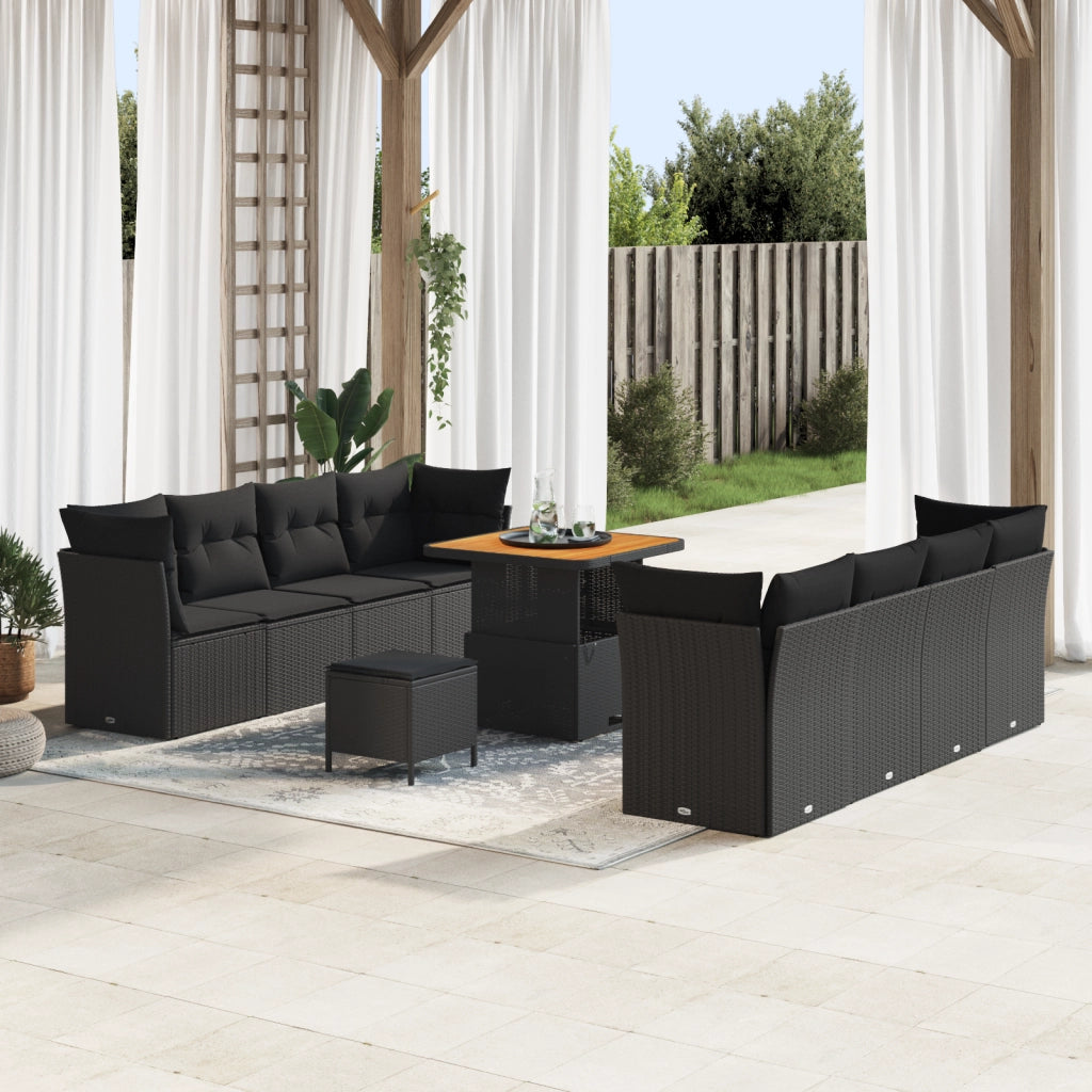 Set di divano da giardino 11 pezzi con cuscini Nero Polyrattan Acacia