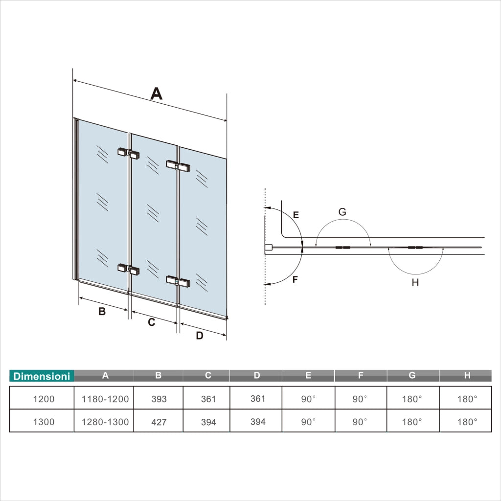 Parete Doccia Per Vasca da Bagno 130x140 cm 3 Ante Movibili Pieghevoli a Libro in Vetro Temperato 6 mm Trasparente Anticalcare Telaio Cromo Lucido