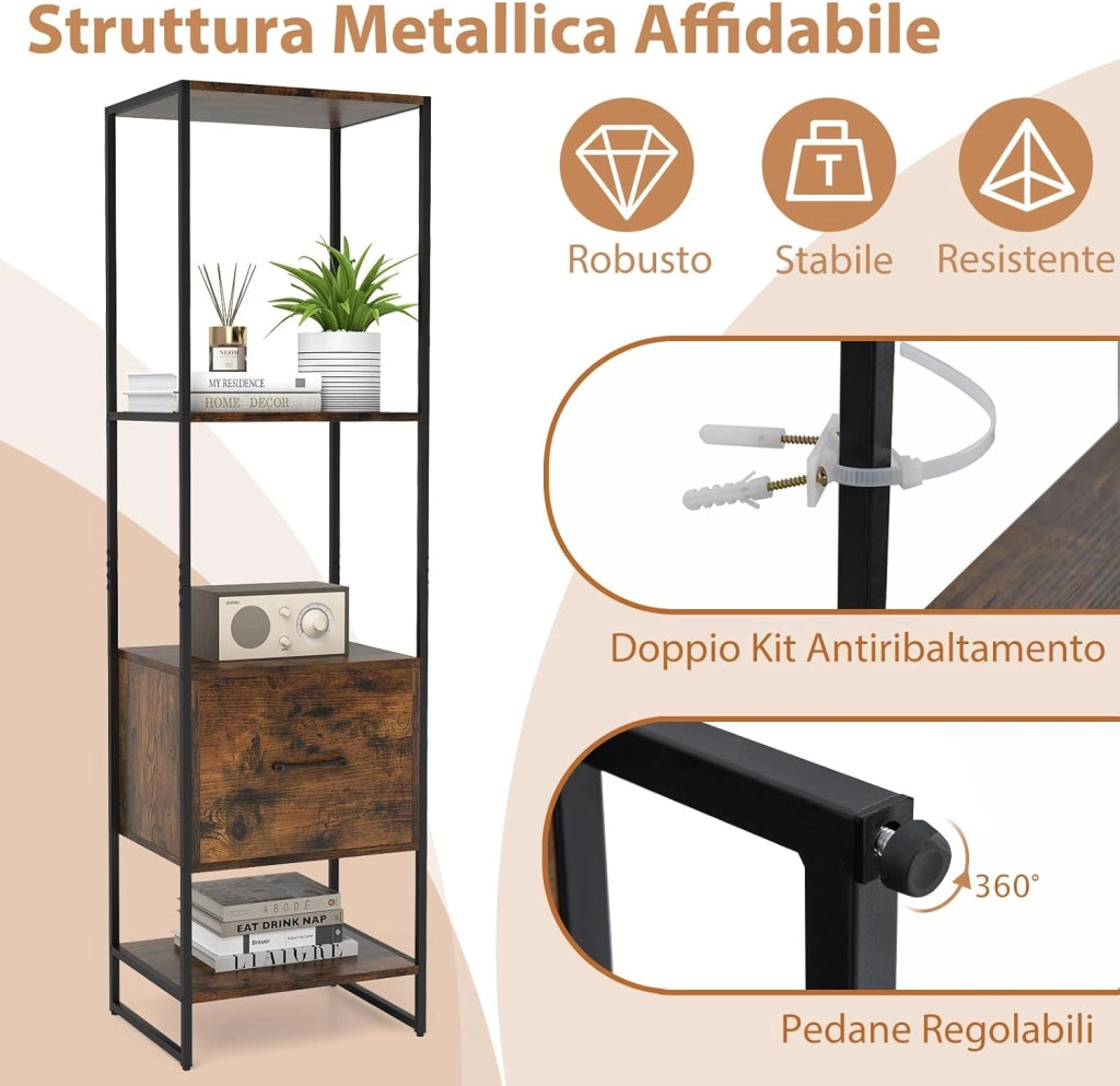 Libreria a 5 Ripiani con Cassetto, Scaffale di Stoccaggio con Struttura in Metallo e Kit Antiribaltamento, Unità Espositiva Autoportante per Camera da Letto Soggiorno, 45x35x160 cm (Marrone)