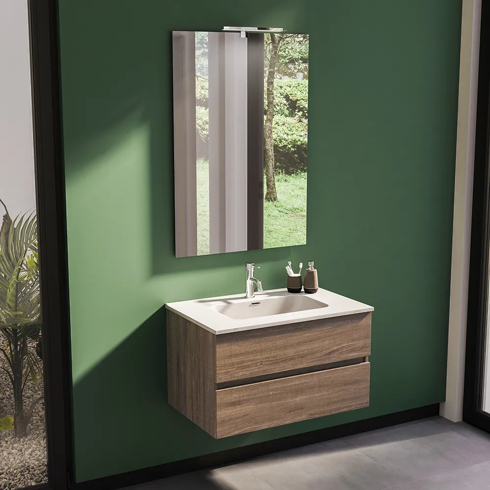 Mobile da bagno sospeso 70 cm rovere scuro con lavabo e specchio | Yili