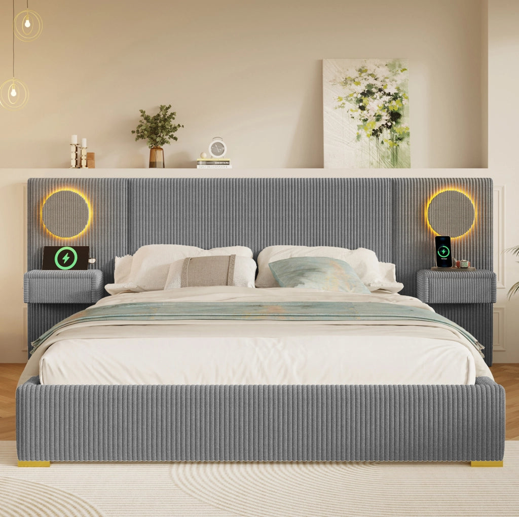 Letto imbottito 180x200 cm con LED, USB e comodini con cassetti in velluto grigio