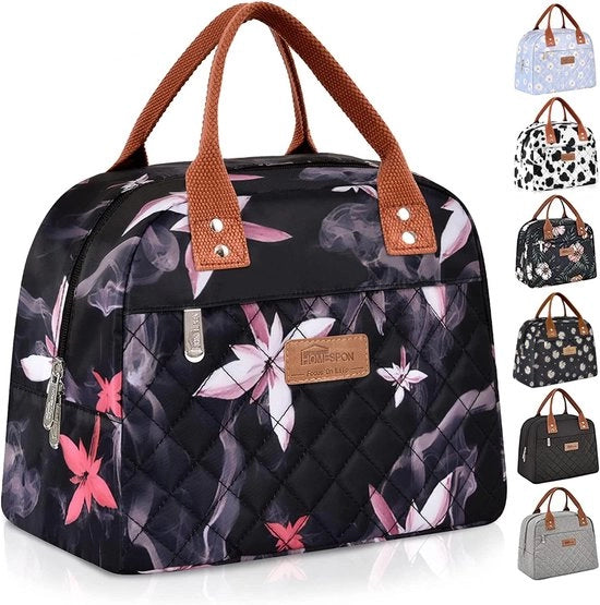 Tas per picnic per adulti e bambini con isolamento termico per lavoro e ufficio (fiori rossi)