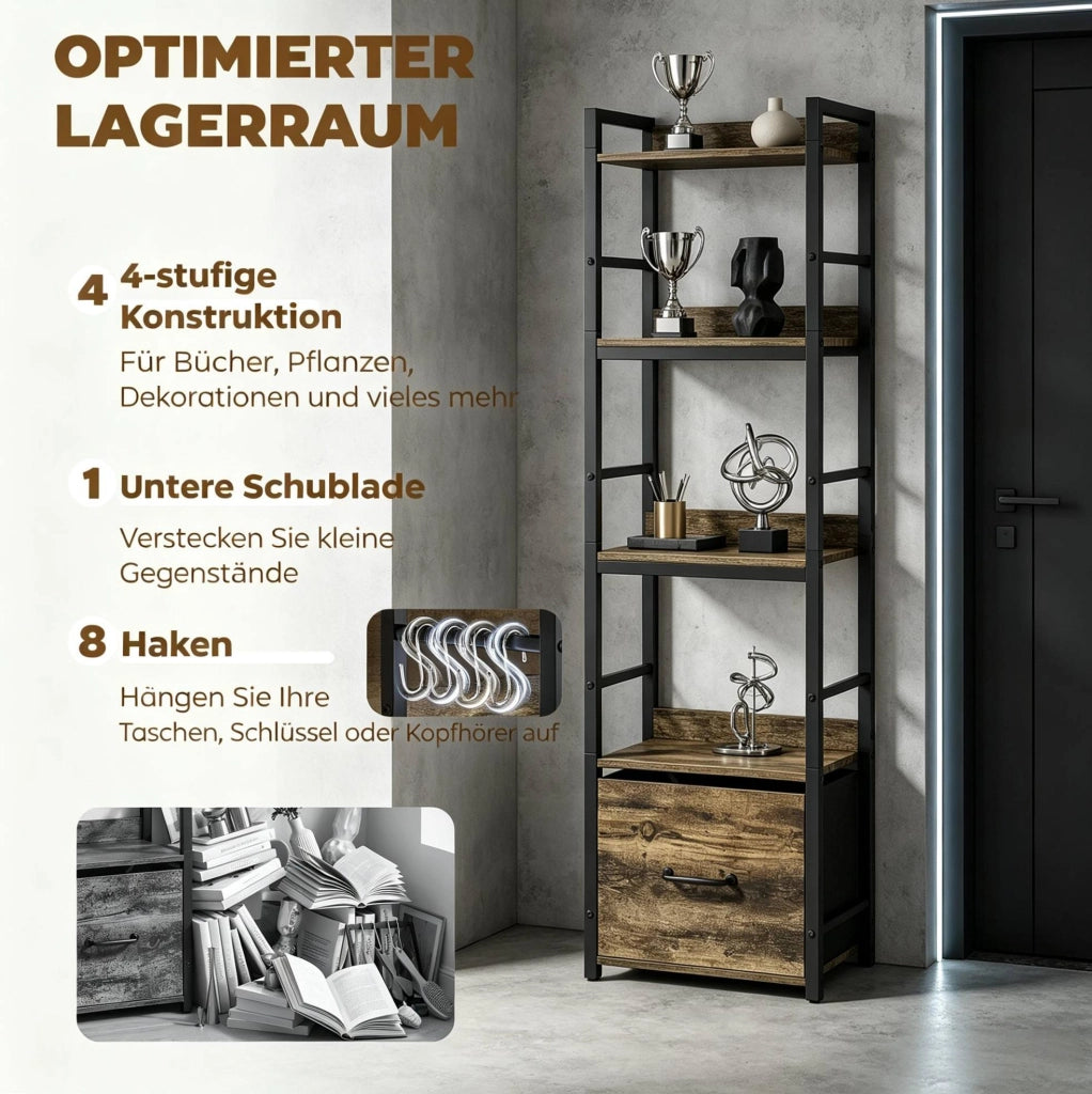 Libreria 4 livelli 39x26x136，5 cm legno e metallo marrone con cassetto