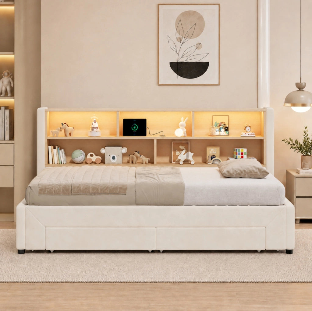 Letto da giorno estraibile 90x200 cm con LED; USB e Type-C; cassetti; velluto beige