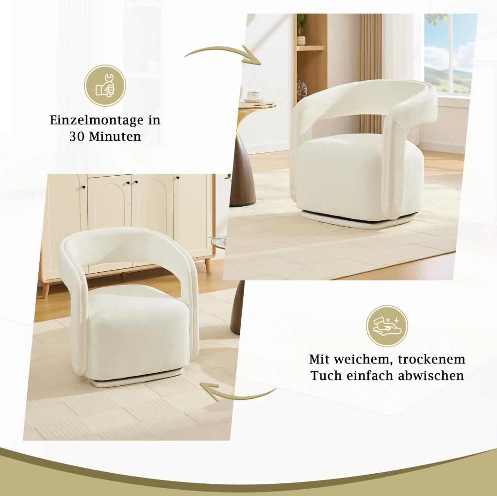 Poltrona girevole 360° in ciniglia bianca, design Barrel Chair