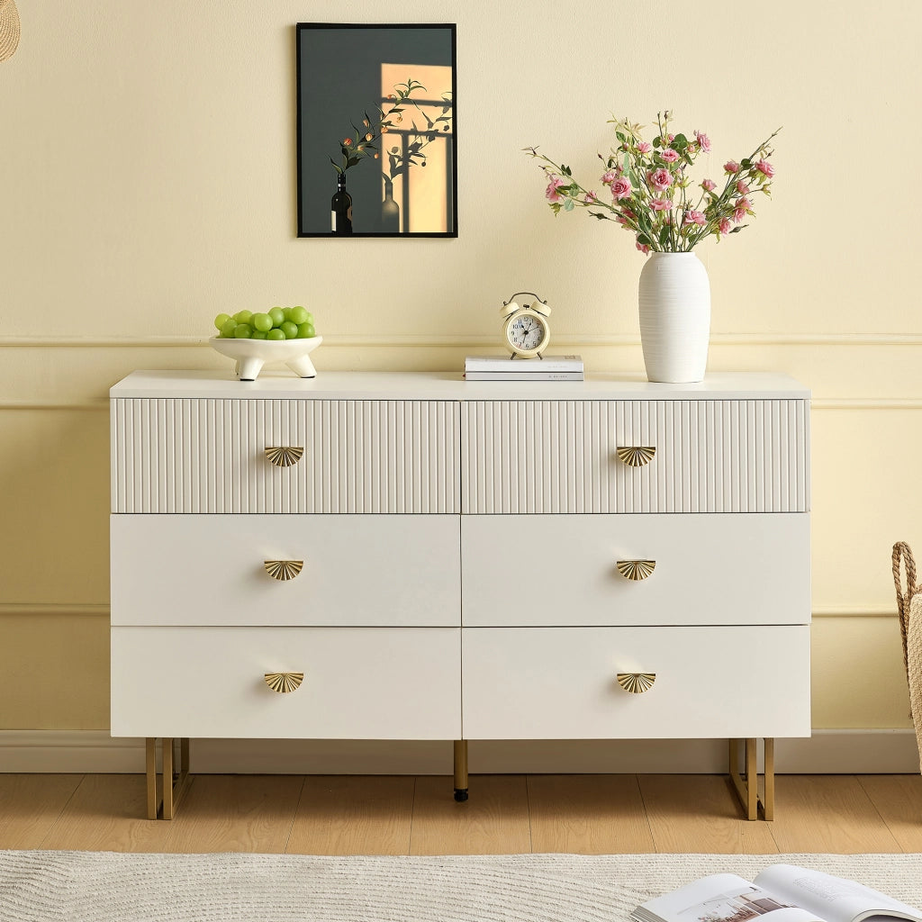 Credenza con 6 Cassetti; Maniglie in Lega di Zinco e Gambe in Acciaio; Moderna; in MDF; Bianco; 120??40??75 cm