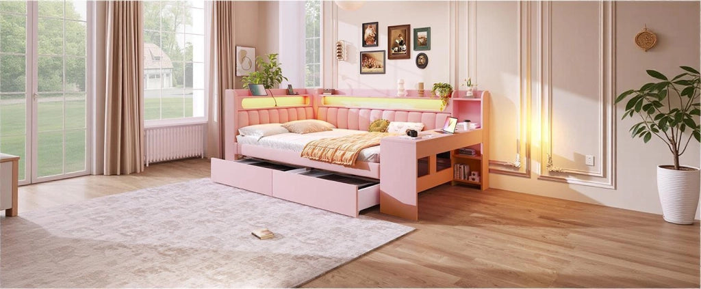 DESMIU Letto Divano 140 × 200 cm 2 posti con USB, LED, scrivania e 2 cassetti senza materasso, in MDF, rosa