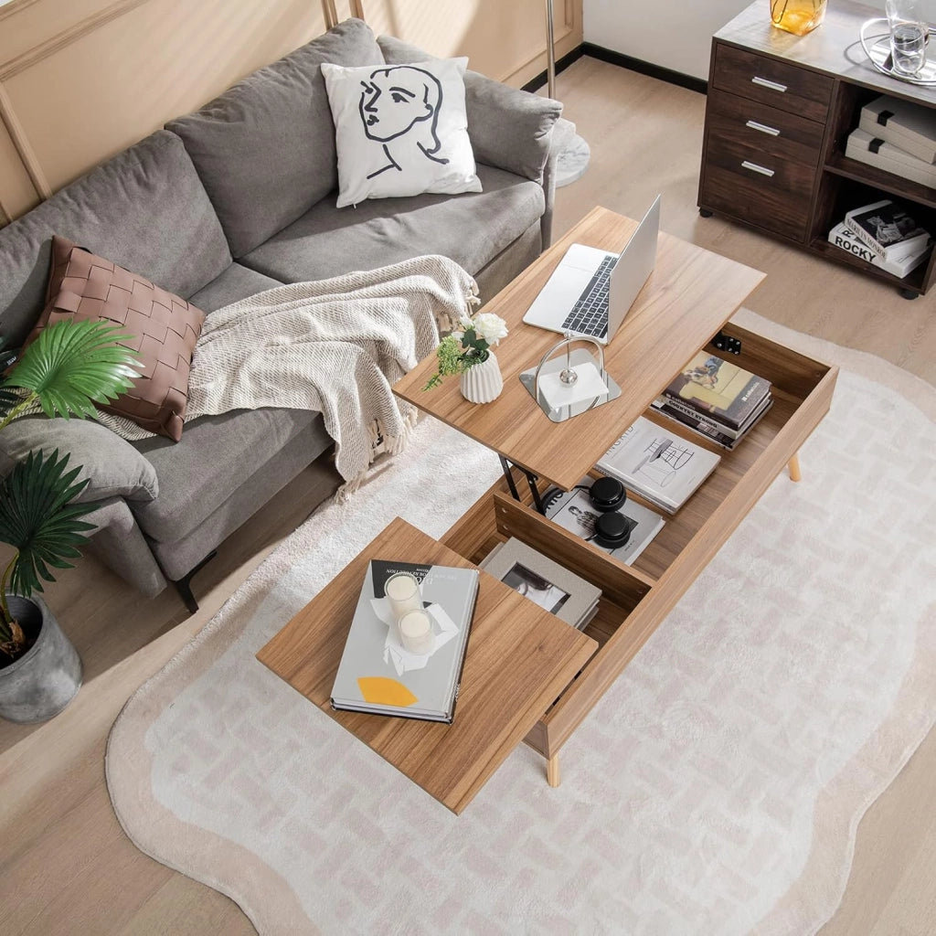Tavolino da salotto con 2 ripiani regolabili in altezza, allungabile, tavolino da caffè con vano portaoggetti, tavolino multifunzione in legno naturale, 120 x 49 x 42 cm, per soggiorno e