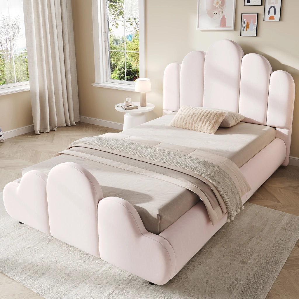 Letto Singolo 90x200 cm con Testiera Imbottita e Angoli Arrotondati in Velluto Rosa