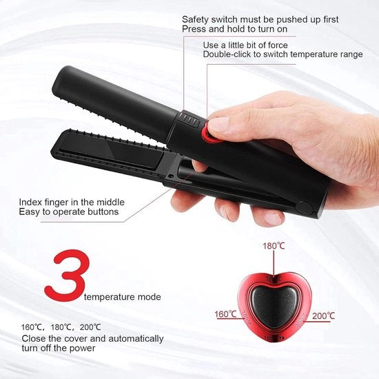 Stilizzante a Ioni Negativi a Batteria Mini per Capelli Corti e Pony - 3 Temperature Regolabili 160°C 180°C 200°C - Nero