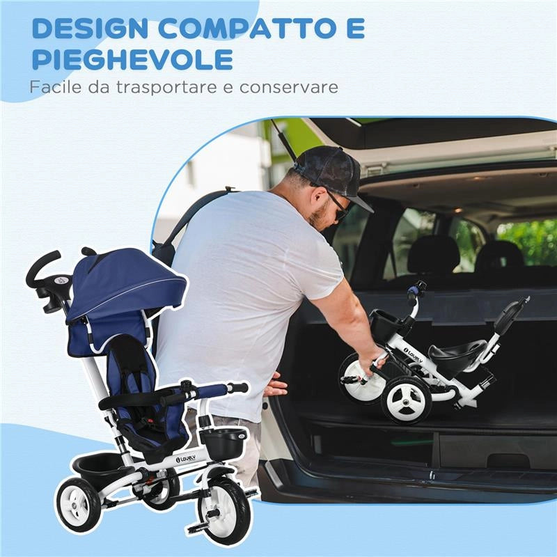 TRICICLO PASSEGGINO PER BAMBINI CON MANIGLIONE, PARASOLE REGOLABILE E CINTURA DI SICUREZZA, BLU SCURO