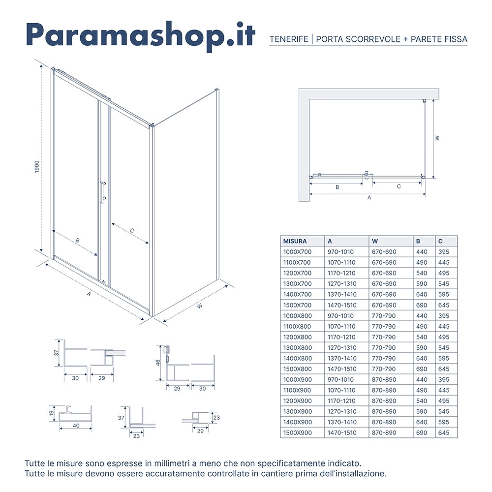 Box Doccia Angolare 90x130 cm in cristallo trasparente, con apertura scorrevole e parete fissa h190cm | Tenerife