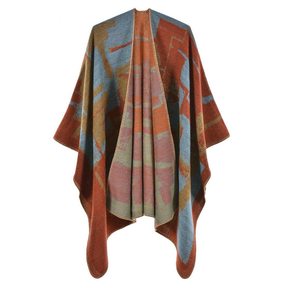 Nuovo scialle/mantella in jacquard di cashmere alla moda con spacchi, spesso e ampio, da donna.