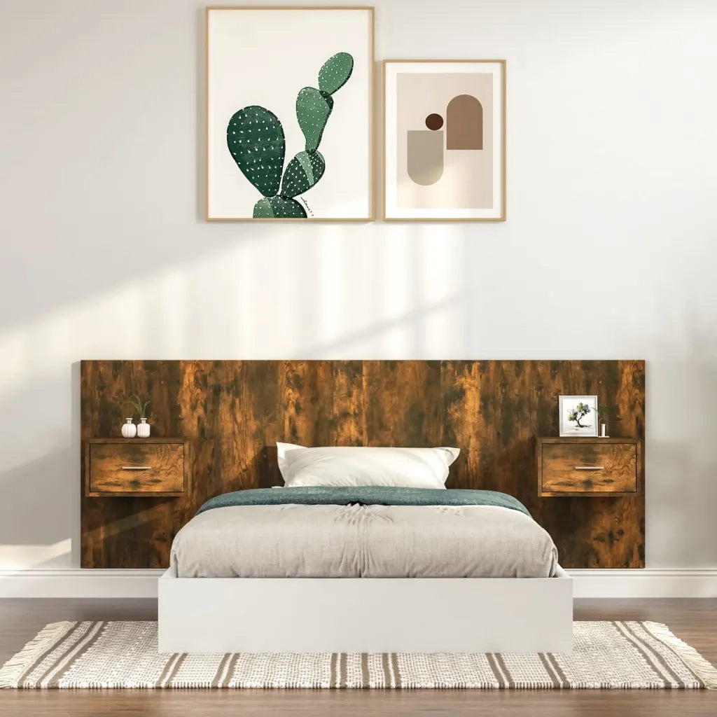 Testiera Letto con Comodini-Testiera con Contenitore in Legno Multistrato Rovere Fumo 275039