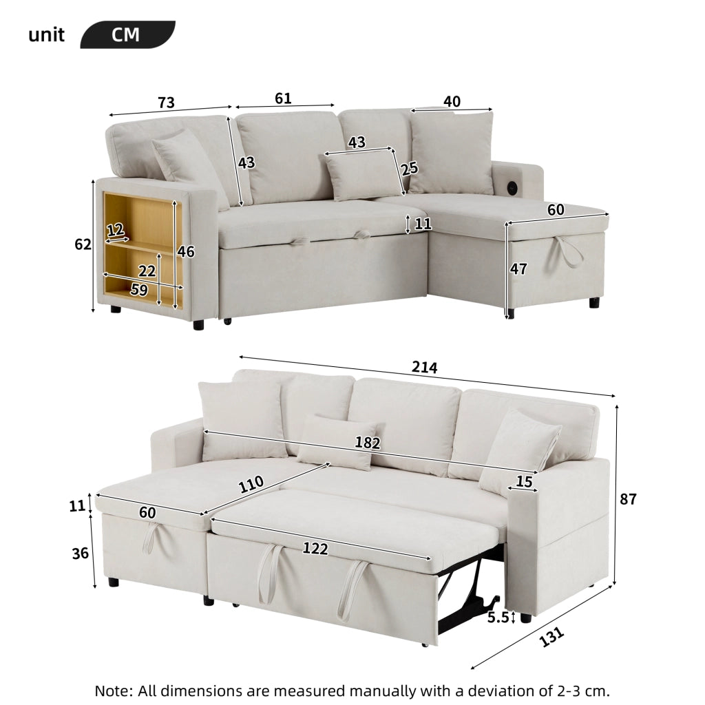 Divano angolare convertibile 4 posti con chaise longue reversibile, USB, vano contenitore e cuscini in flanella beige