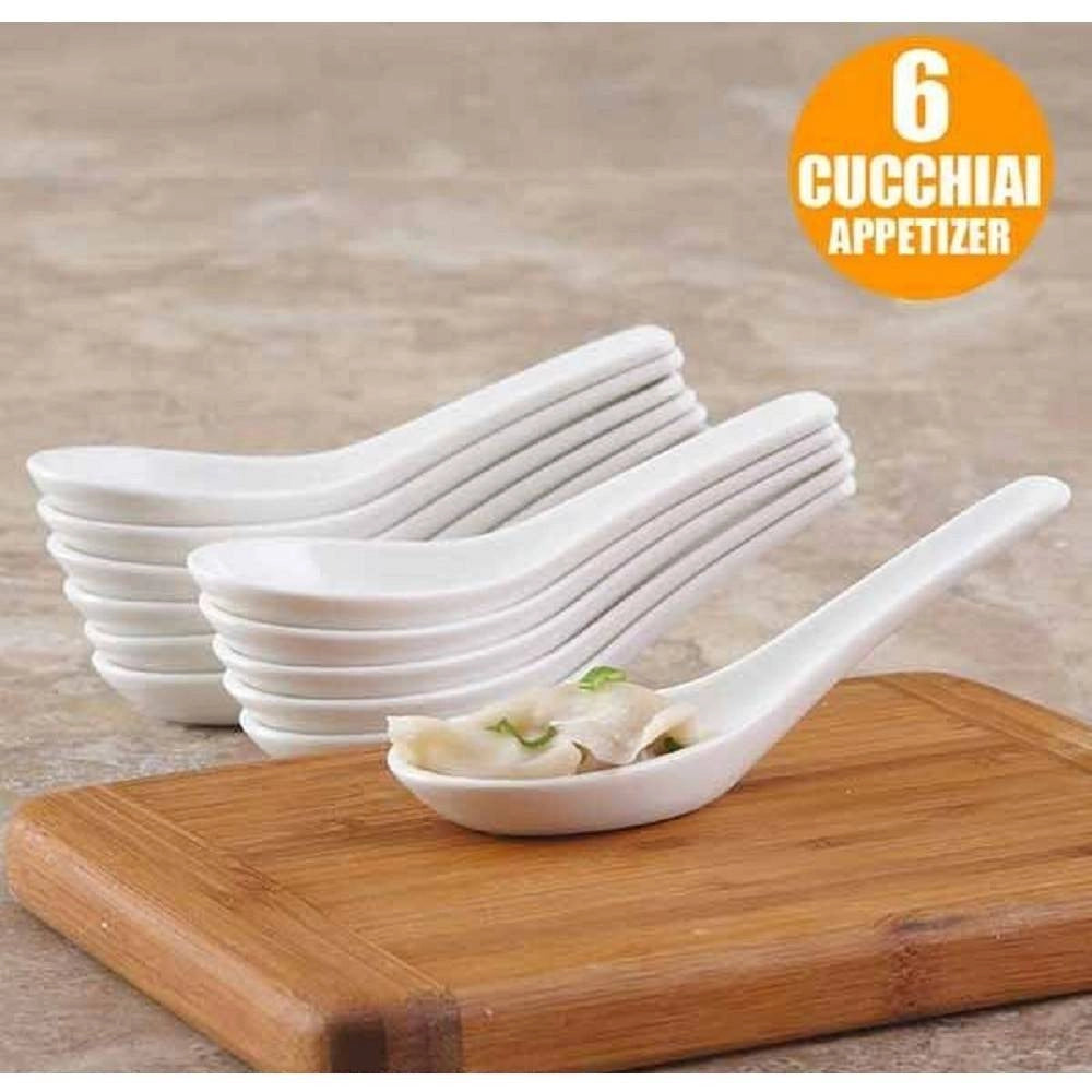 Trade Shop - Set 6 Pezzi Cucchiaini Per Antipasto Aperitivo In Ceramica Bianca 2 X 4 X 12,5cm -