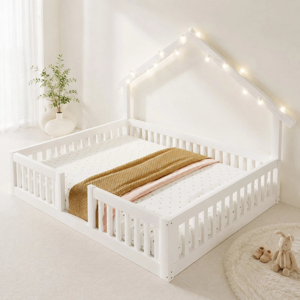 Letto a casetta per bambini 140x200 cm con barriera di sicurezza e luci LED, bianco
