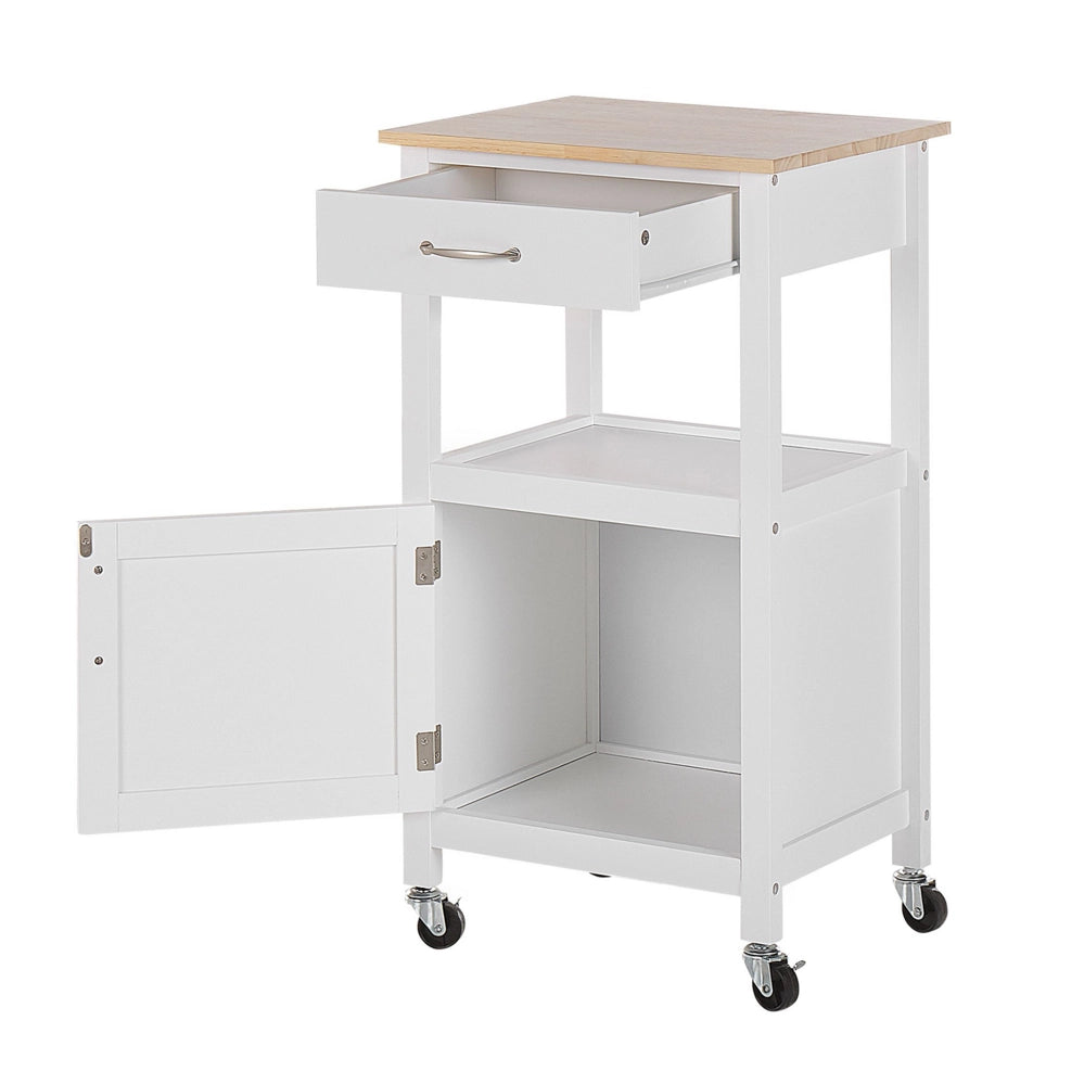Carrello da Cucina Bianco e Legno Chiaro Piano MDF 48 x 39 x 89 cm Armadio Porta Asciugamani Posate Cassetti Ruote