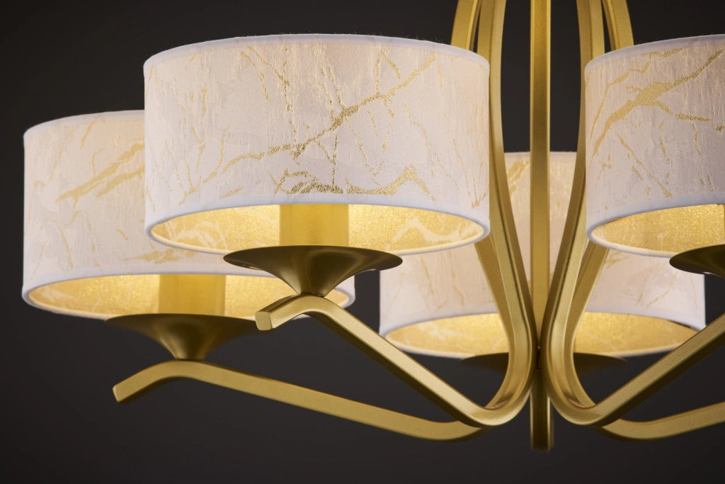 Lampadario Jupiter Kaszmir 5 luci oro con paralumi bianchi