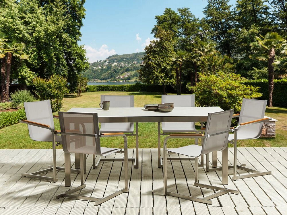 Tavolo da giardino Piano in vetro temperato bianco Struttura in acciaio inox Rettangolare 180 x 90 cm 6 posti a sedere