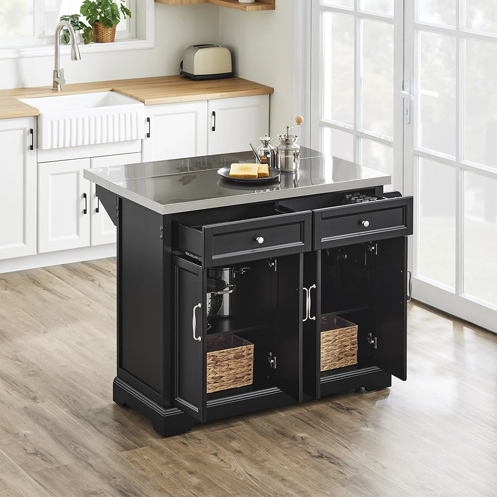 SoBuy | Isola cucina pieghevole nera | Carrello da cucina a 4 ruote | Cucina a penisola con 4 ante | 115.0x71.0x92.5 cm | Capacità di carico 78 kg | FKW71-II-SCH