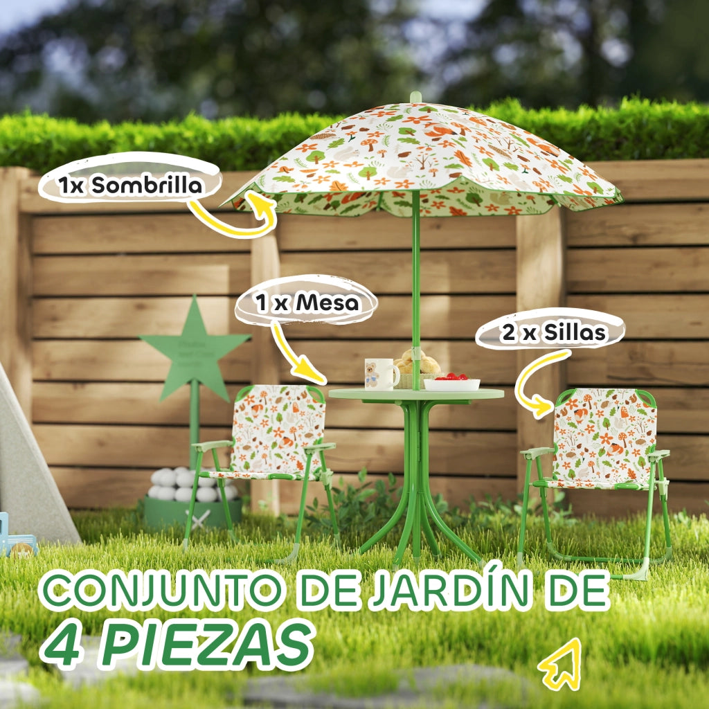 Set Giardino Pieghevole Bambini con 2 Sedie Tavolo e Ombrellone Aggiustabile ¨C zephmum ¨C Verde