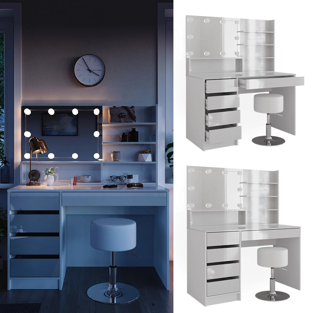 Vicco Tavolo da toeletta Bianco 120 cm con illuminazione a LED, sgabello e ripiano a specchio