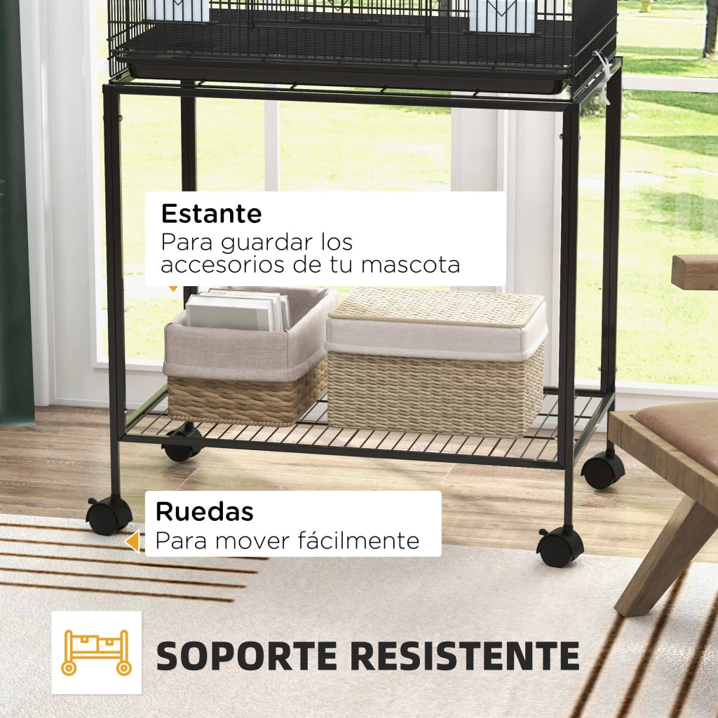 Gabbia per Uccelli con Ruote ¨C Xylo ¨C 77x46x119 cm, Metallo Nero, Vassoio Estraibile, 2 Posatoi