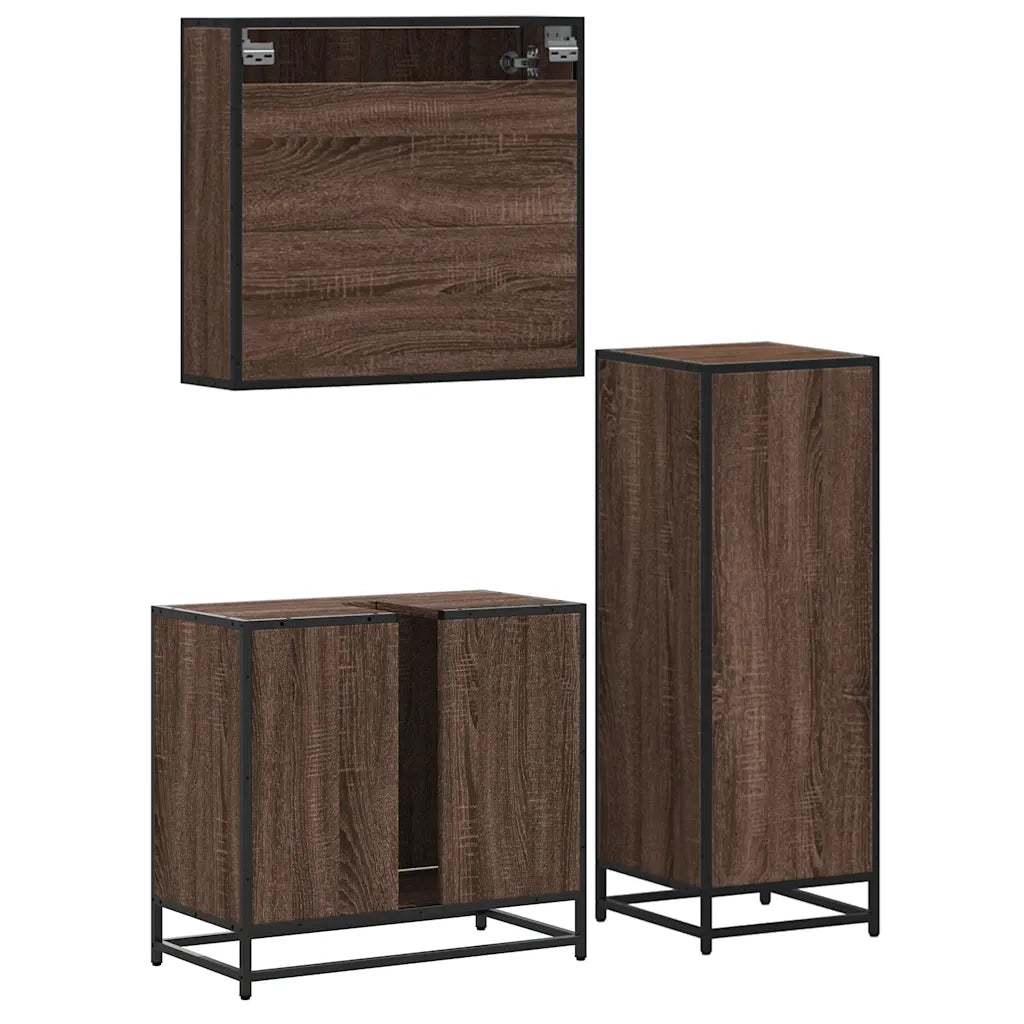 Set Mobili da Bagno 3 pz Rovere Marrone in Legno Multistrato