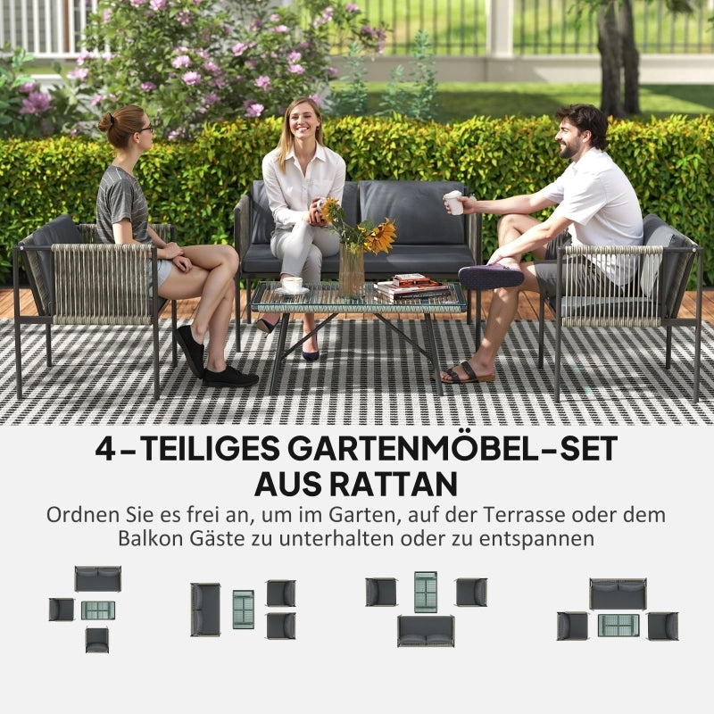 Set da balcone a 4 pezzi con 2 poltrone, divano a 2 posti e tavolino in rattan resistente ai raggi UV grigio