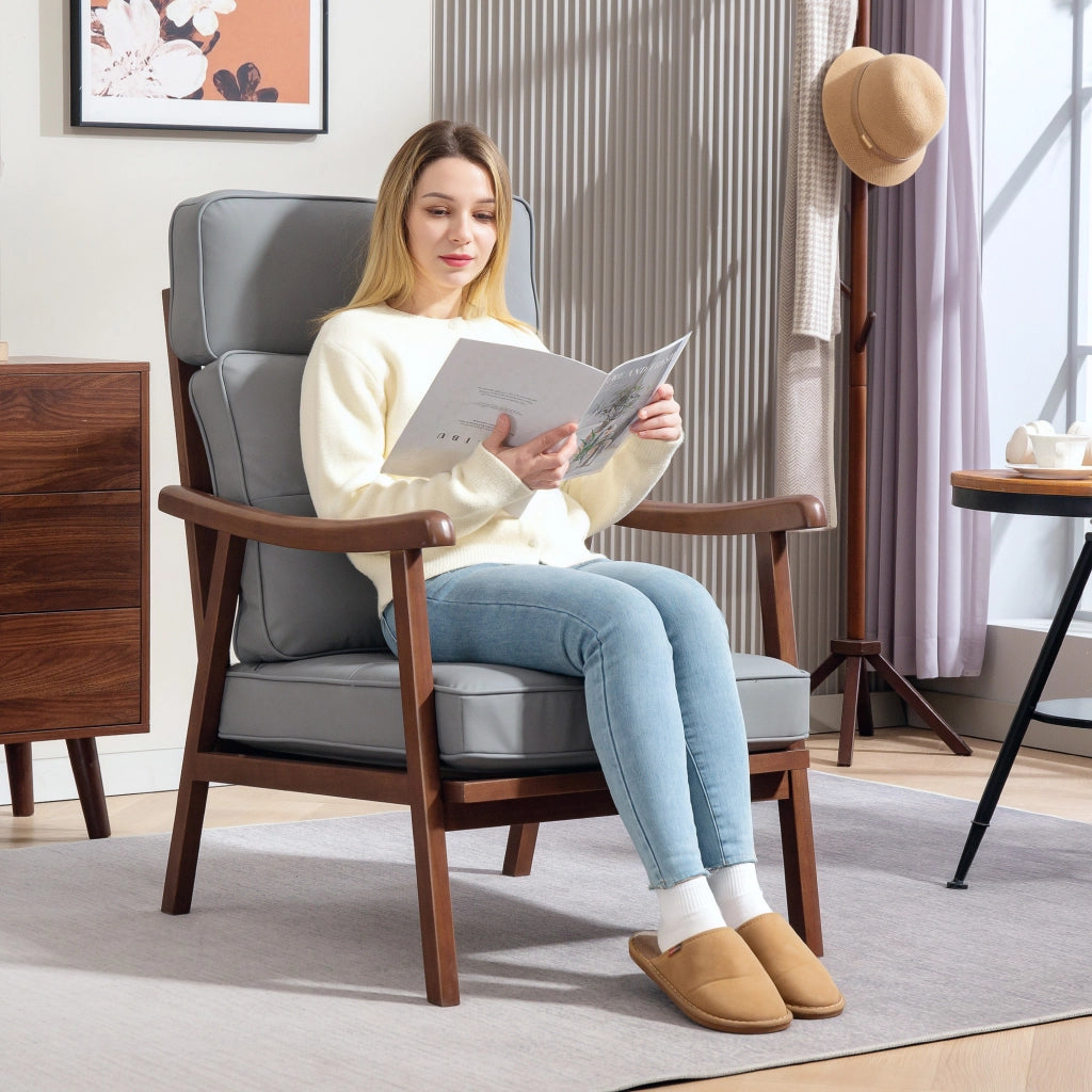 Poltrona in similpelle con braccioli in legno e cuscini imbottiti ¨C Zephmum ¨C Grigio e marrone