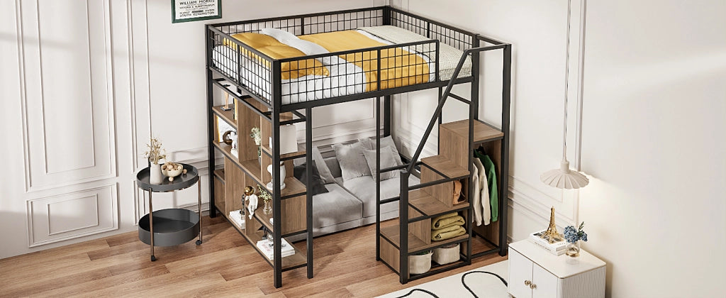 Letto a castello nero in metallo e legno con funzione contenitiva 140x200 cm