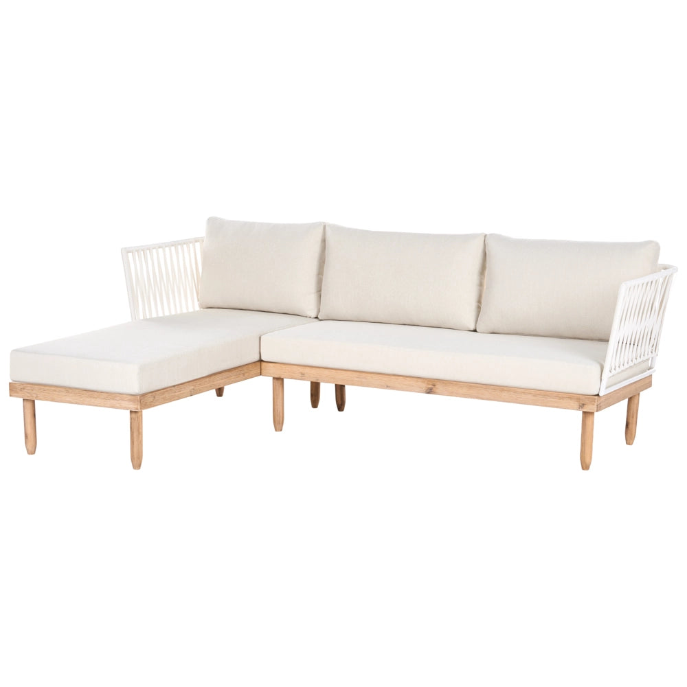 Set Lounge da Esterno in Legno di Acacia con Cuscini Bianchi Poltrona in Rattan Sintetico e Tavolino 4 Posti Destro
