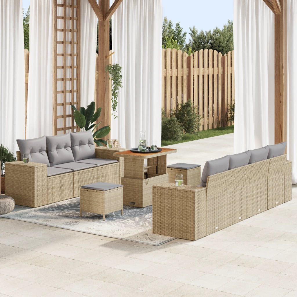 Set di Divani da Giardino  da 10 Pezzi con Cuscini Beige Rattan PE Acacia