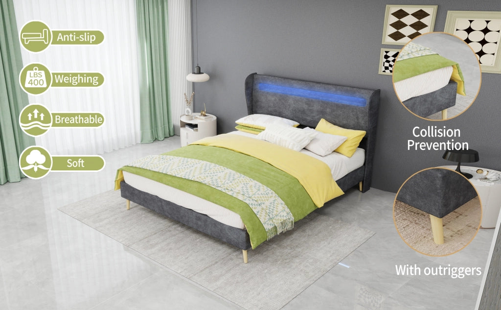 DESMIU Letto 140 × 200 cm 2 posti con LED regolabile e testiera regolabile, senza materasso, in tessuto, grigio