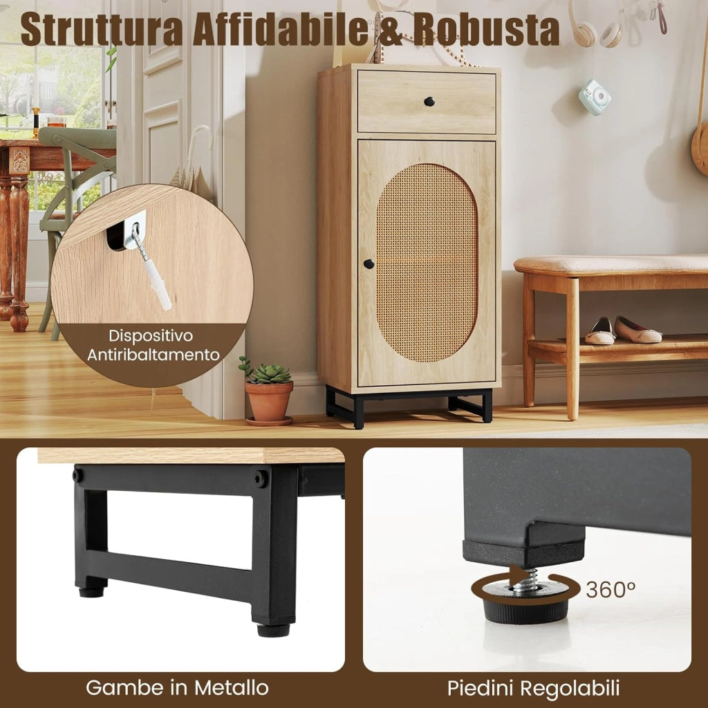 Mobiletto con Ripiano Regolabile su 3 Livelli, Armadietto con 1 Cassetto & 1 Anta in Rattan PE, Comodino Antiribaltamento con Piedini Regolabili, per Soggiorno & Salotto, 40 x 30 x 91 cm
