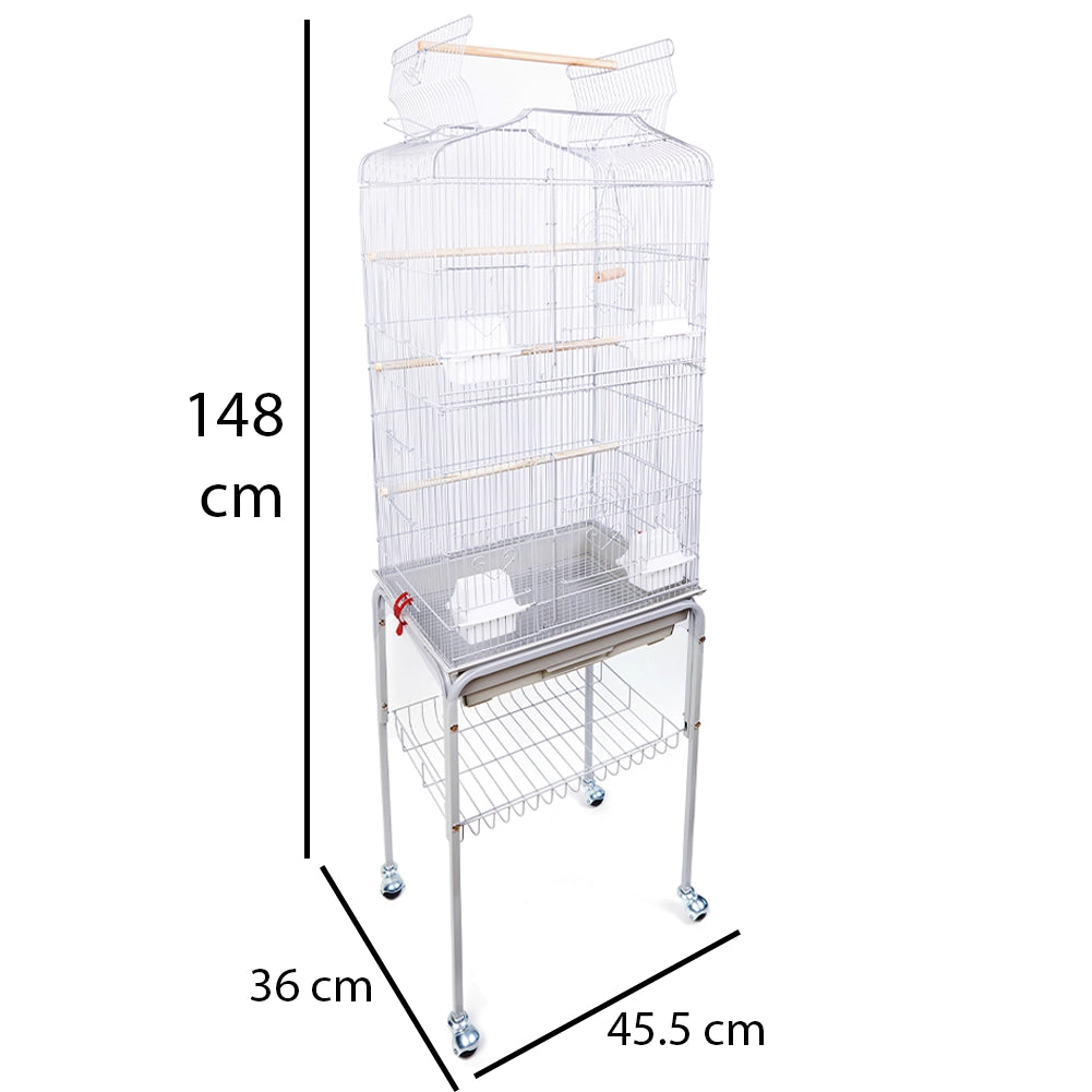 Gabbia Voliera per Uccelli Bianca per Pappagalli con Piedistallo 46 x 36 x 148cm