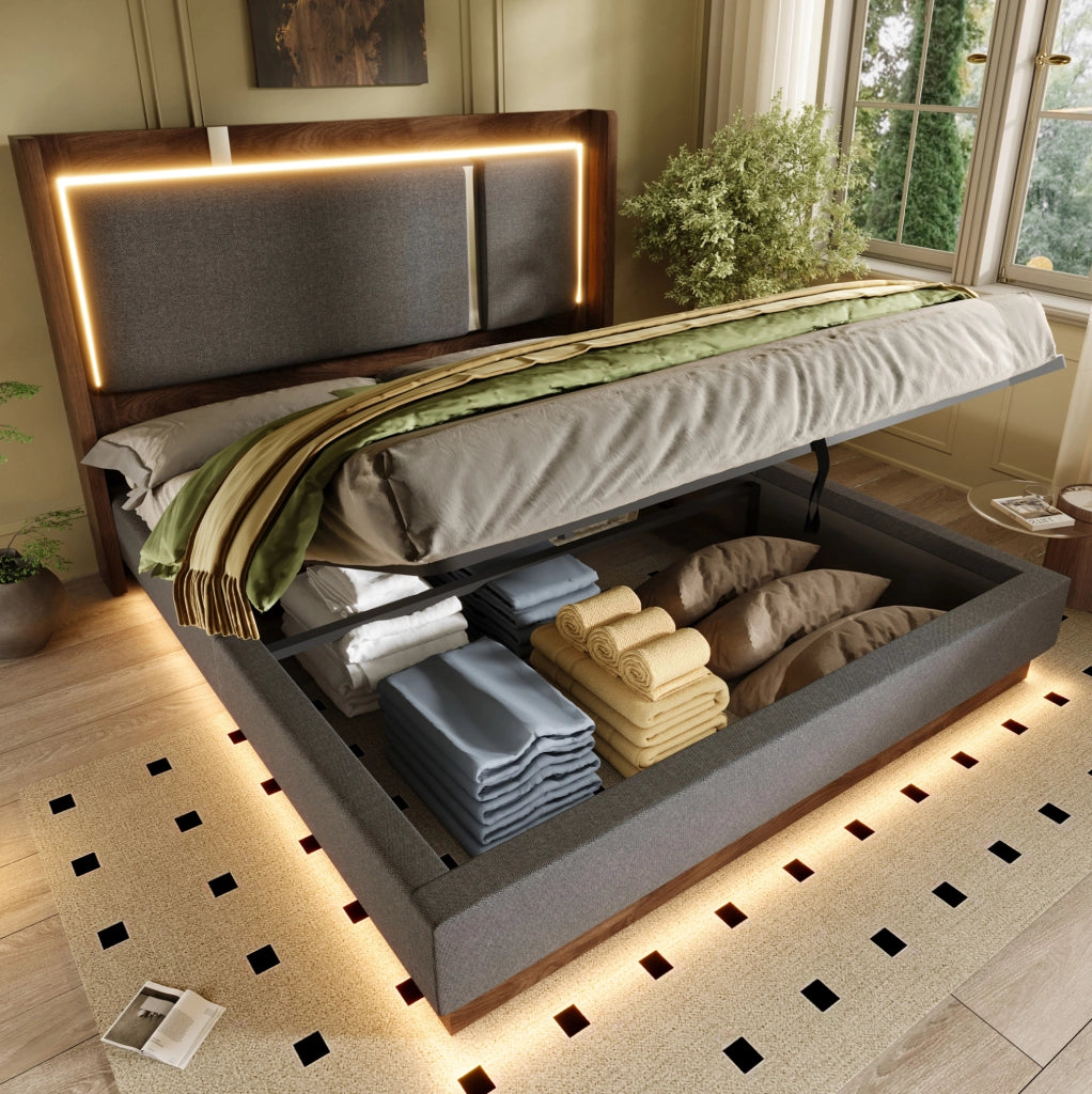 Letto matrimoniale 180x200 cm in lino grigio e noce, LED e contenitore –