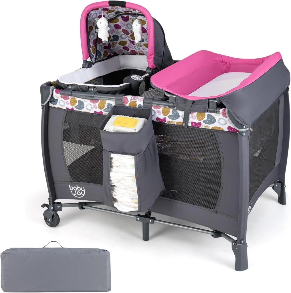 5 in 1 Culla Campeggio Bambini, Lettino Viaggio Neonati Pieghevole con Materasso, Fasciatoio, Box Portatile con Ruote, 2 Giocattoli e Carillon, per Bambini 0-3 Anni (Blu)