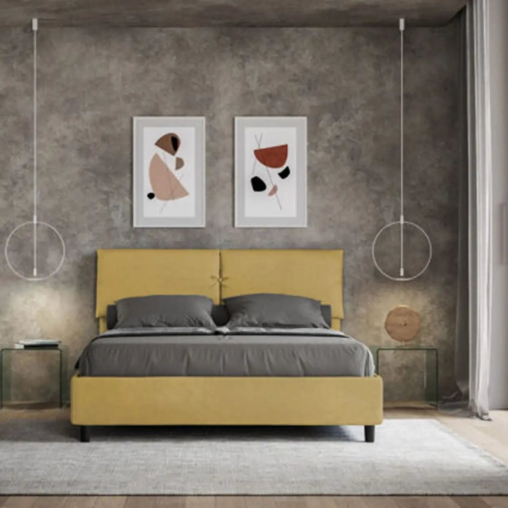 Letto matrimoniale con rete imbottito 160x210 microfibra ocra Mados