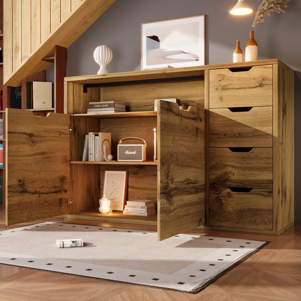 OKWISH Credenza con 2 Ante, 4 Cassetti e 1 Vano Aperto, Ripiani Regolabili, per Soggiorno 150 x 40 x 90 cm