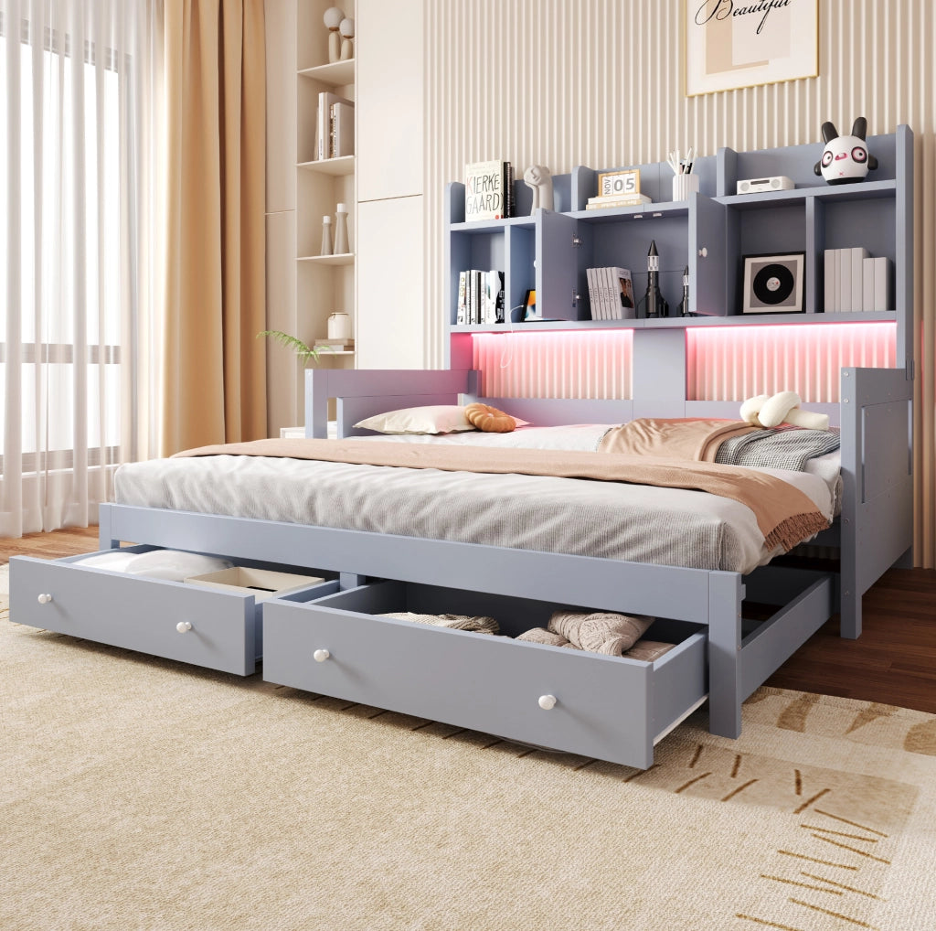 Divano letto estraibile 90x190/180x190 cm con cassetti; LED e prese; grigio