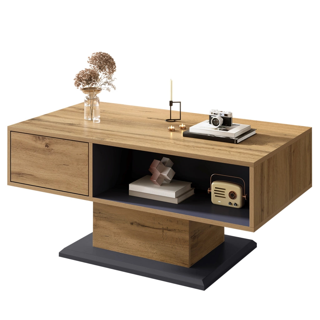 Tavolino da Salotto con Contenitore Bifacciale e Vano Interno; Design Moderno; in Truciolato; Grigio Rovere