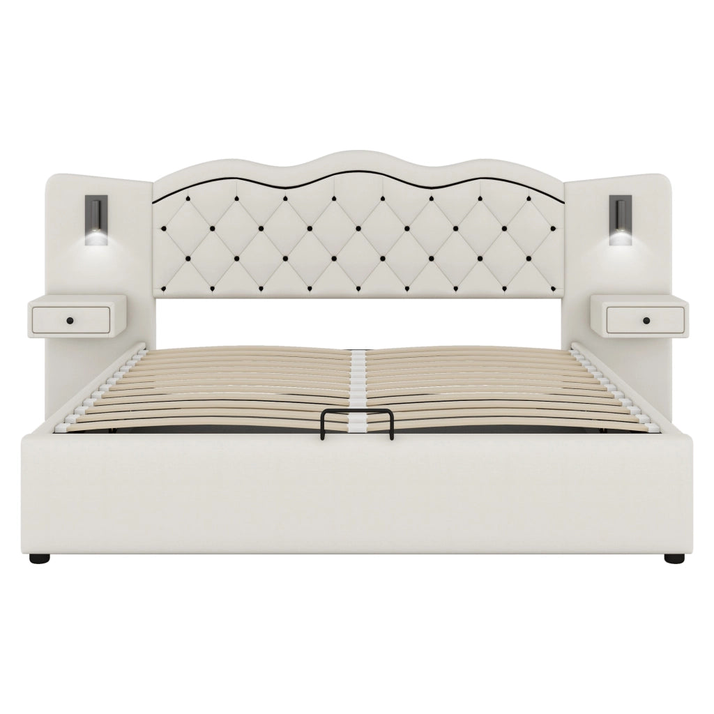 LETTO Imbottito 180x200 cm Beige in lino e MDF con testiera integrata