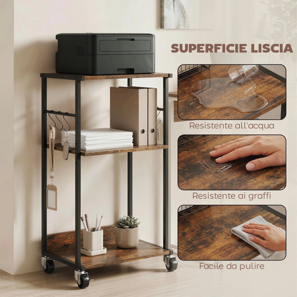 Mobile Supporto per Stampante a 3 livelli 43x30x82 cm con Ruote e Ganci in Legno e Metallo Marrone Rustico.