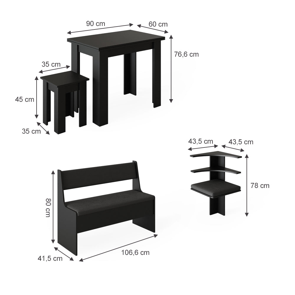 Vicco Gruppo panca ad angolo Nero 150 x 41.5 cm con tavolo