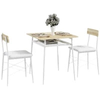 Set Tavolo e Sedie, Tavolo da Cucina con Sedie, Struttura in Acciaio, con 2 Sedie Incassate, Bianco e Quercia